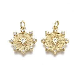 Golden Brass Micro Pave Clear Cubic Zirconia Pendants, with Jump Ring, Nickel Free, Flower, Golden, 18.5x16x3mm, Hole: 3mm