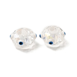 White Transparent Glass European Beads, Large Hole Beads, with Enamel, Faceted, Rondelle with Evil Eye Pattern, White, 14x8mm, Hole: 6mm