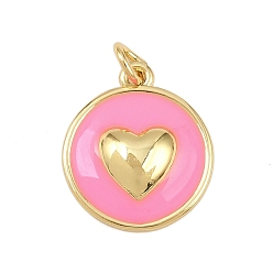 Pink Латунь эмаль подвески, с целью перехода в кольце, плоский круглый с сердечками, без свинца и без кадмия, долговечный, реальный 18 k позолоченный, стойки покрытие, розовые, 16.5x14x1.5 мм, отверстие : 2.5 мм