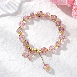 Pink Браслеты ручной работы с подвесками из бисера и золотого песка, эластичные браслеты для женщин, бабочка, со стеклом, розовые, внутренний диаметр: 2-1/2 дюйм (6.24 см)