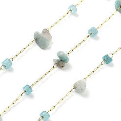 Амазонит 304 кабельные цепи из нержавеющей стали, с амазонитовой крошкой, текстурированные овальные цепные цепи, пайки, с катушкой, 5~8.5x5~8.5x5~6.5 мм, около 32.81 футов (10 м) / рулон
