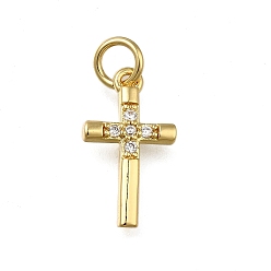Настоящее золото 18K Латунные микропаве прозрачные подвески с фианитом, крест прелести, долговечный, стойки покрытие, без свинца и без кадмия, с целью перехода в кольце, реальный 18 k позолоченный, 16x9x2 мм, отверстие : 3 мм
