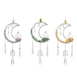 Mixed Stone 3Pcs 3 Styles Moon Natural Amethyst & Green Aventurine & Topaz Jade & 304 Stainless Steel & Brass Suncatchers, Glass Tassel Decorative Hanging Crystal Prism for Window & Garden, 345x97mm, 1pc/style