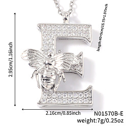 Letter E Ожерелья с подвесками из латуни с прозрачным кубическим цирконием и микропаве, платина, Письмо E, 15.75 дюйм (40 см), Кулон : 29.5x21.6 мм