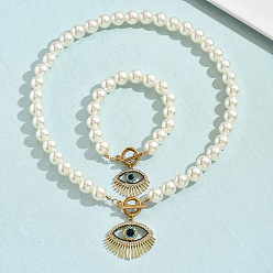 Белый Комплекты браслетов и ожерелий из сплава со стразами и искусственным жемчугом, злые глаза, белые, ожерелья: 19.49 дюйм (49.5 см)