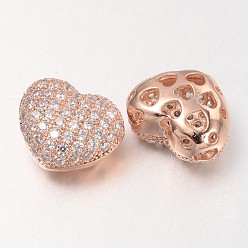 Розовое Золото Полые сердца латунные микро проложить кубического циркония бусы, розовое золото , 11x14x8 мм, отверстие : 3 мм