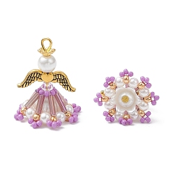 Сливовый Стеклянные подвески, ангел, с акриловыми и пластиковыми бусинами, имитирующими жемчуг, железной петлей и сплавом, слива, 27.5x21.5 мм, отверстие : 3 мм