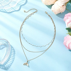 Другие Латунный кулон с прозрачным кубическим цирконием 304 цепочка из нержавеющей стали и искусственного жемчуга 3 многослойные ожерелья для женщин, белые, золотые, рыбий хвост, 15.20 дюйм (38.6 см), рыбий хвост: 20.5x18x6 мм