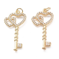 Real 18K Gold Plated Brass Micro Pave Clear Cubic Zirconia Pendants, with Jump Ring, Cadmium Free & Lead Free, Heart Key, Real 18K Gold Plated, 32.5x16x2.5mm, Hole: 3mm, Jump Ring:5x0.8