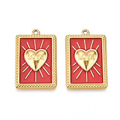 Красный 304 подвески из нержавеющей стали, с эмалью, прямоугольник с сердечком и надписью «любовь», ионное покрытие (ip), реальный 18 k позолоченный, красные, 28x18x3 мм, отверстие : 1.4~1.5 мм