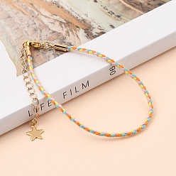Colorful Cotton Braided Cord Bracelets, with Golden Plated 304 Stainless Steel Star Charms and Lobster Claw Clasps, Colorful, 7-5/8 inch(19.3cm), 2.5mm