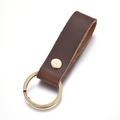 Coconut Brown Cowhide Leather Keychain, with Antique Bronze Plated Alloy Key Rings, Coconut Brown, 90x18mm