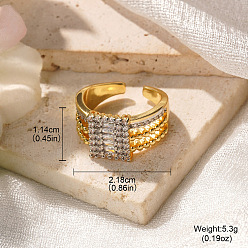 Rectangle Латунные кольца из манжеты с прозрачным цирконием, золотые, прямоугольные, внутренний диаметр: регулируемый