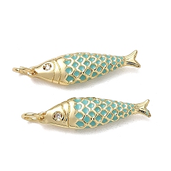 Chapado en Oro Real 18K Latón micro pavimenta claro colgantes de circonio cúbico, con esmalte azul cielo y anilla de salto, encantos de pescado, sin plomo y cadmio, larga duración plateado, chapado en rack, real 18 k chapado en oro, 25x7x3 mm, agujero: 3.5 mm