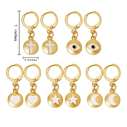 Real 18K Gold Plated 5Pairs 5 Styles Brass Huggie Hoop Earrings, with Enamel, Flat Round with Mixed Patterns, Real 18K Gold Plated, 25~26mm, Pin: 0.9mm, 1pair/style