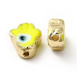 Yellow Handmade Evil Eye Lampwork Beads, with Golden Plated  Brass Edge, Long-Lasting Plated, Hamsa Hand, Yellow, 15~17x11.5~12.5x5~5.5mm, Hole: 1.8mm