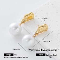 Round 304 Stainless Steel Stud Dangle Earrings for Women, with Imitation Pearl, Golden, Round, 37x15mm