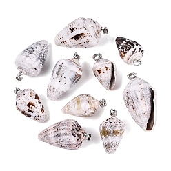 Lavender Blush Brass & Natural Cone Shell Pendants, Cone Charms, Platinum, Lavender Blush, 25~41x14~24x13~22mm, Hole: 4~5x3.5mm