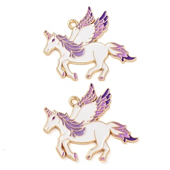 Орхидея Стойки обшивки сплава эмали подвески, золотые, очарование единорога, сиреневые, 34x30x1.5 мм, отверстие : 2 мм