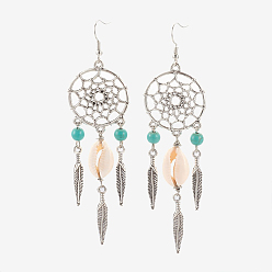 Turquoise Cowrie Shell Dangle Earrings, with Synthetic Turquoise Beads, Tibetan Style Alloy Findings, Brass Earring Hooks, Turquoise, 100~105mm, Pin: 0.7mm