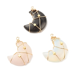 Light Gold Природные и синтетические Gemstone подвески, с медной проволокой и звездчатыми латунными бусинами, луна, золотой свет, 41.5~43.5x34.5~35x8.5~11 мм, отверстие : 3~3.5 мм