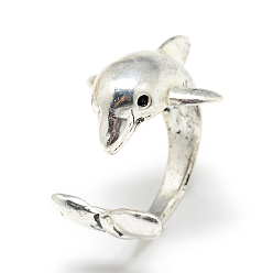 Antique Silver Adjustable Alloy Cuff Finger Rings, Dolphin4, Antique Silver, US Size 4 1/4(15mm)