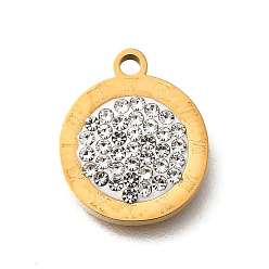Золотой 304 плоские круглые шестигранные подвески из нержавеющей стали, с полимерной глиной стразами, ионное покрытие (ip), золотые, 14x12x2.3 мм, отверстие : 1.6 мм