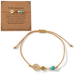 Золотой Браслеты из латуни с медальоном Святого Бенедикта и крестом, украшенные синтетическими бирюзовыми бусинами., регулируемые браслеты шнур, золотые, внутренний диаметр: 11.02 дюйм (28 см), с бумажной карточкой