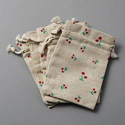 Pale Goldenrod Jute Cloth Storage Bags, Drawstring Bags, Rectangle with Cherry Pattern, Pale Goldenrod, 14.3x10.3x0.55cm