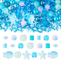 Sky Blue 1Bag Mixed Styles Glass Beads, Round & Starfish & Fish & Rondelle, Sky Blue, 2~14x2~10x1~8.5mm, Hole: 0.8~1.5mm