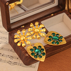 Изумруд Серьги-гвоздики из сплава со стразами в форме цветка и сердца, золотые, изумруд, 60x25 мм