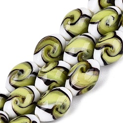 Olive Handgemachte Glasperlen Goldsand-Stränge, Oval mit Wirbelmuster, Olive, 14.5~16.5x11 mm, Bohrung: 0.5~1.2 mm, ca. 23~25 Stk. / Strang, 14.17~15.55 Zoll (36~39.5 cm)