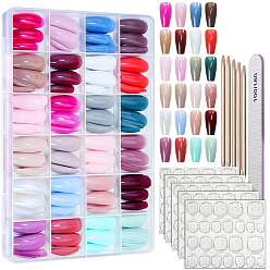 Mixed Color ABS Plastic Pure Color Press On False Nails, Nail Art Decoration Accessories, with Adhesive Tapes & Manicure File and Stick, Mixed Color, 21~27x7~12x0.5~1mm
