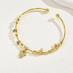 Palm Golden Brass Open Cuff Bangles, with Cubic Zirconia Evil Eye Charms for Women, Palm, Inner Diameter: 2-3/8~2-3/4 inch(6~7cm) 