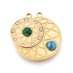 Настоящее золото 18K 304 Подвески из нержавеющей стали со стразами и синтетической бирюзой, плоские круглые и полумесяцевидные подвески, ионное покрытие (ip), реальный 18 k позолоченный, 24x22.5x3.5 мм, отверстие : 1.6 мм