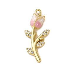 Pink Латунные микро проложить кубического циркония подвески, цветок, с эмалью, долговечный, стойки покрытие, без кадмия и без свинца, реальный 18 k позолоченный, розовые, 26.5x12x3.5 мм, отверстие : 1.2 мм