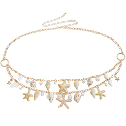 Golden Natural Shell and Plastic Imitation Pearl and Iron Starfish Tassel Double Layer Waist Chains for Women, White, Golden, 703mm