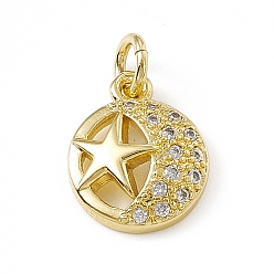 Real 18K Gold Plated Brass Micro Pave Cubic Zirconia Charms, with Jump Rings, Flat Round with Star & Moon Pattern Charm, Real 18K Gold Plated, 12x9.5x3mm, Hole: 3mm 