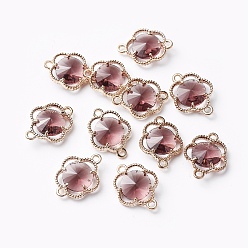 Purple Glass Links connectors, with Eco-Friendly Alloy Open Back Berzel Findings, Faceted, Flower, Light Gold, Purple, 15.5x12x4mm, Hole: 1.4mm