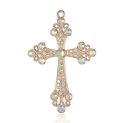 Хрусталь AB Сплав горный хрусталь большие кулоны, латинский крест clenchee, золотой свет, хрусталь AB, 73x51x5 мм, отверстие : 3 мм