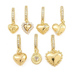 Настоящее золото 18K Латунное микропейв, прозрачный кубический цирконий, складные застежки, сердце прелести, стойки покрытие, долговечный, без свинца и без кадмия, реальный 18 k позолоченный, 20~24 мм, отверстие : 6x4 мм