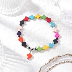 Разноцветный Браслеты с подвесками из синтетической бирюзы и крестиками, эластичные браслеты для мужчин и женщин, со сплавочной фурнитурой, красочный, внутренний диаметр: 2-1/4~2-3/8 дюйм (5.8~6 см)