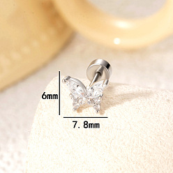 Прозрачный Серьги-бабочки из латуни с паве из кубического циркония для хряща, с 304 штифтов из нержавеющей стали, цвет нержавеющей стали, прозрачные, 6x7.8 мм