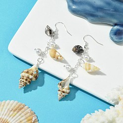Серебро Серьги-подвески в форме ракушки из латуни, с подвесками в виде спиральных ракушек и бусиной из ракушек, серебряные, 74~79 мм