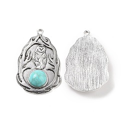 Antik Silber Farbe Legierung Eule Anhänger, oval Charme, mit synthetischen Türkis, Antik Silber Farbe, 48x30x7 mm, Bohrung: 2 mm