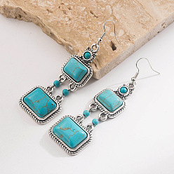 Rectangle Synthetic Turquoise & Alloy Dangle Earrings, Antique Silver, Rectangle, 90x30mm