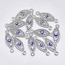 Silver Alloy Links, with Crystal Rhinestone and Blue Enamel, Evil Eye, Silver Color Plated, 25.5x8x3.5mm, Hole: 1.8mm