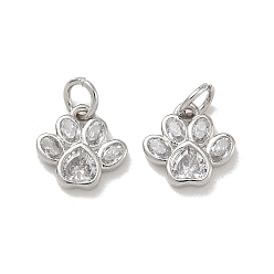 Platinum Brass Pave Clear Cubic Zirconia with Glass Charms, Paw Print Charms, Rack Plating, Long-Lasting Plated, Cadmium Free & Lead Free, Platinum, 10x10.5x2mm, Hole: 3mm