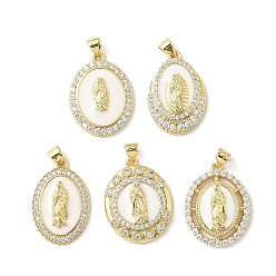 Настоящее золото 18K Латунные микро проложить кубического циркония подвески, овальные с рисунками " virgin mary", с эмалью, без свинца и без кадмия, долговечный, стойки покрытие, реальный 18 k позолоченный, 24~25x16.5~19x3.5~5 мм, отверстие : 4.5x3.5 мм