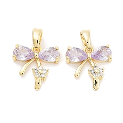 лаванда Латунные микро проложить кубического циркония подвески, без кадмия, без никеля и без свинца, реальный 18 k позолоченный, бантом, лаванда, 13x13x3.5 мм, отверстие : 5x3 мм